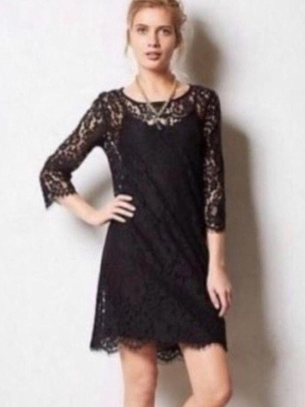 Anthropologie HD in Paris Black Lace Shift Dress XS 3/4 Sleeve Lined Fall Party